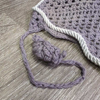 Crochet Fly Veil Ear Bonnet, piping, string *vgc, v.curled edges, puckers, clean, older, mnr stain

