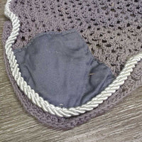 Crochet Fly Veil Ear Bonnet, piping, string *vgc, v.curled edges, puckers, clean, older, mnr stain
