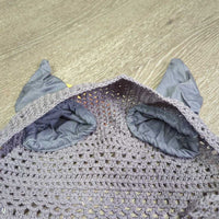 Crochet Fly Veil Ear Bonnet, piping, string *vgc, v.curled edges, puckers, clean, older, mnr stain
