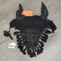 Long Crochet Fly Veil Ear Bonnet, string, fringe *gc, clean, faded, curled, hairy, linty

