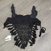 Long Crochet Fly Veil Ear Bonnet, string, fringe *gc, clean, faded, curled, hairy, linty
