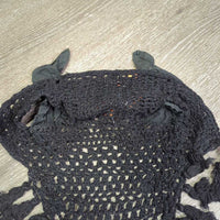 Long Crochet Fly Veil Ear Bonnet, string, fringe *gc, clean, faded, curled, hairy, linty

