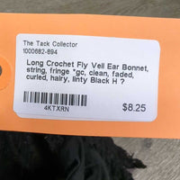Long Crochet Fly Veil Ear Bonnet, string, fringe *gc, clean, faded, curled, hairy, linty
