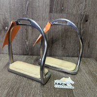 Hvy Metal Safety Stirrup Irons, curved/easy out sides *gc, clean, stains, rust spots, residue, scratches & scrapes
