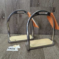 Hvy Metal Safety Stirrup Irons, curved/easy out sides *gc, clean, stains, rust spots, residue, scratches & scrapes
