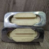 Hvy Metal Safety Stirrup Irons, curved/easy out sides *gc, clean, stains, rust spots, residue, scratches & scrapes
