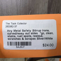 Hvy Metal Safety Stirrup Irons, curved/easy out sides *gc, clean, stains, rust spots, residue, scratches & scrapes
