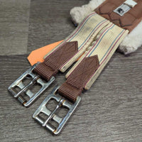 Cotton & Nylon Web Fleece Girth, 2x els, D Ring *gc, clumpy, clean, curled/folded edges, hair, stains, older, edge rubs, stretched els
