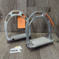 Pr Metal Wide Base Stirrup Irons *gc, clean, spray painted, chipped, rubbed, scuffs, tarnish
