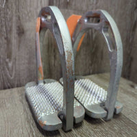 Pr Metal Wide Base Stirrup Irons *gc, clean, spray painted, chipped, rubbed, scuffs, tarnish
