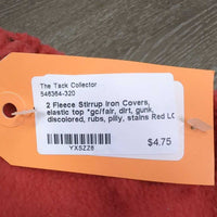 2 Fleece Stirrup Iron Covers, elastic top *gc/fair, dirt, gunk, discolored, rubs, pilly, stains
