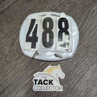 Square-Round #3 Show Number Holder, 3 numbers (3, 4, 7, 8), 2 elastics *gc, stains, mnr dirt, scuffs, hair
