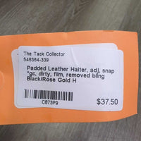 Padded Leather Halter, adj, snap *gc, dirty, film, removed bling
