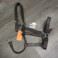 Padded Leather Halter, adj, snap *fair/gc, BROKEN Snap, dirty, Missing Bling, rubs, scrapes, film
