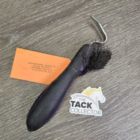 "Soft Touch" Plastic Handle Hoof Pick, brush *fair, v.bent bristles, scuffed, bent pick, residue
