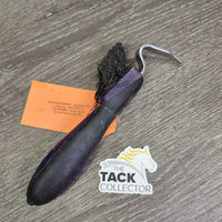 "Soft Touch" Plastic Handle Hoof Pick, brush *fair, v.bent bristles, scuffed, bent pick, residue
