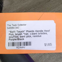"Soft Touch" Plastic Handle Hoof Pick, brush *fair, v.bent bristles, scuffed, bent pick, residue
