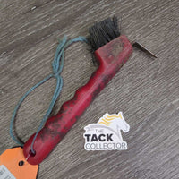 Plastic Handle Hoof Pick, brush, yarn *fair, bent bristles, v.dirty, residue
