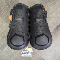 Pr Open Front Boots, tabs *vgc/gc, dirt, hair, scuffs, scratches, residue/oil?, threads
