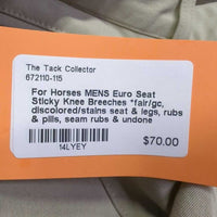 MENS Euro Seat Sticky Knee Breeches *fair/gc, discolored/stains seat & legs, rubs & pills, seam rubs & undone stitching
