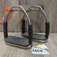 Pr Flexi Stirrup Irons, 2x grips *gc, clean, older, scratches, v.rubbed grips, mnr stains, v.soft flex
