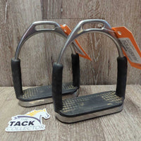 Pr Flexi Stirrup Irons, 2x grips *gc, clean, older, scratches, v.rubbed grips, mnr stains, v.soft flex
