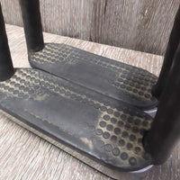Pr Flexi Stirrup Irons, 2x grips *gc, clean, older, scratches, v.rubbed grips, mnr stains, v.soft flex
