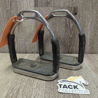 Pr Flexi Stirrup Irons, 2x grips *vgc/gc, clean & mnr dirt/residue, rubs, scratches & sand, mnr stiff
