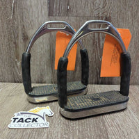 Pr Flexi Stirrup Irons, 2x grips *vgc/gc, clean & mnr dirt/residue, rubs, scratches & sand, mnr stiff
