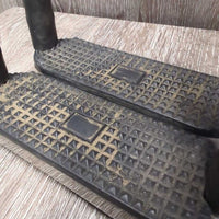 Pr Flexi Stirrup Irons, 2x grips *vgc/gc, clean & mnr dirt/residue, rubs, scratches & sand, mnr stiff

