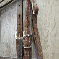 Soft Thick Leather Headstall, leather ties *gc, dirty, bent buckle pin, no Browband keeper, rubs, scrapes
