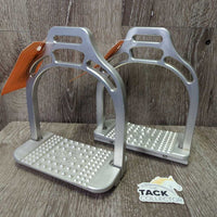 Pr Metal Wide Base Stirrup Irons, angled grips, maple leaf *xc, clean, mnr scuffs
