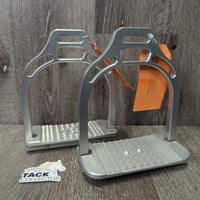 Pr Metal Wide Base Stirrup Irons, angled grips, maple leaf *xc, clean, mnr scuffs
