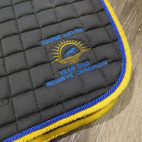 Quilt Jumper Pad, piping "Equine Haven Res. Champ" *gc, clean, hair, faded, mnr dirt, puckers, pills, rubs, threads, stains, unstitched
