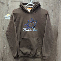 V.Thick Sweatshirt Hoodie "Ride On" *gc, faded, rubs, v.puckered embroidery, mnr frayed cuffs, No string

