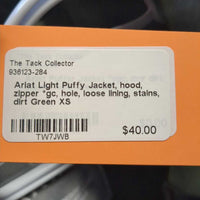 Light Puffy Jacket, hood, zipper *gc, hole, loose lining, stains, dirt
