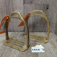 Pr Wide Base Metal Aussie Stirrup Irons **mnr mismatch *gc, older?, patina, residue, scuffs, rubs, oxidization
