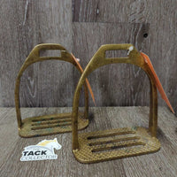 Pr Wide Base Metal Aussie Stirrup Irons **mnr mismatch *gc, older?, patina, residue, scuffs, rubs, oxidization
