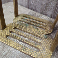Pr Wide Base Metal Aussie Stirrup Irons **mnr mismatch *gc, older?, patina, residue, scuffs, rubs, oxidization
