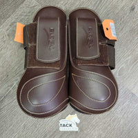Pr Faux-Leather Open Front Boots, velcro *vgc, clean, mnr hair, dirt, threads, edge tears, rubs
