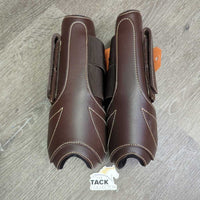 Pr Faux-Leather Open Front Boots, velcro *vgc, clean, mnr hair, dirt, threads, edge tears, rubs
