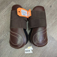 Pr Faux-Leather Open Front Boots, velcro *vgc, clean, mnr hair, dirt, threads, edge tears, rubs
