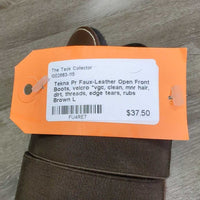 Pr Faux-Leather Open Front Boots, velcro *vgc, clean, mnr hair, dirt, threads, edge tears, rubs
