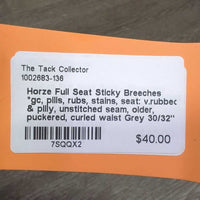 Full Seat Sticky Breeches *gc, pills, rubs, stains, seat: v.rubbed & pilly, unstitched seam, older, puckered, curled waist
