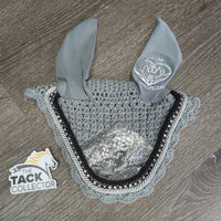Crochet Fly Veil Ear Bonnet, 2x piping, bling *like new, puckered
