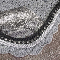 Crochet Fly Veil Ear Bonnet, 2x piping, bling *like new, puckered
