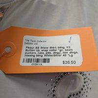 SS Show Shirt, bling, 1/3 Button Up, snap collar *gc, seam puckers, rubs, pills, dingy, mnr dings, missing bling
