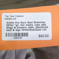 Hvy Euro Seat Breeches, Glitter *gc, mnr stains, rubs, pills, dingy & puckers, older, discolored seat & legs

