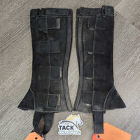 Hvy Suede Half Chaps, Velcro Sides *gc, hairy velcro, dirt, rubs, stains, hair, older
