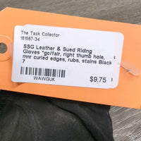 Leather & Sued Riding Gloves *gc/fair, right thumb hole, mnr curled edges, rubs, stains
